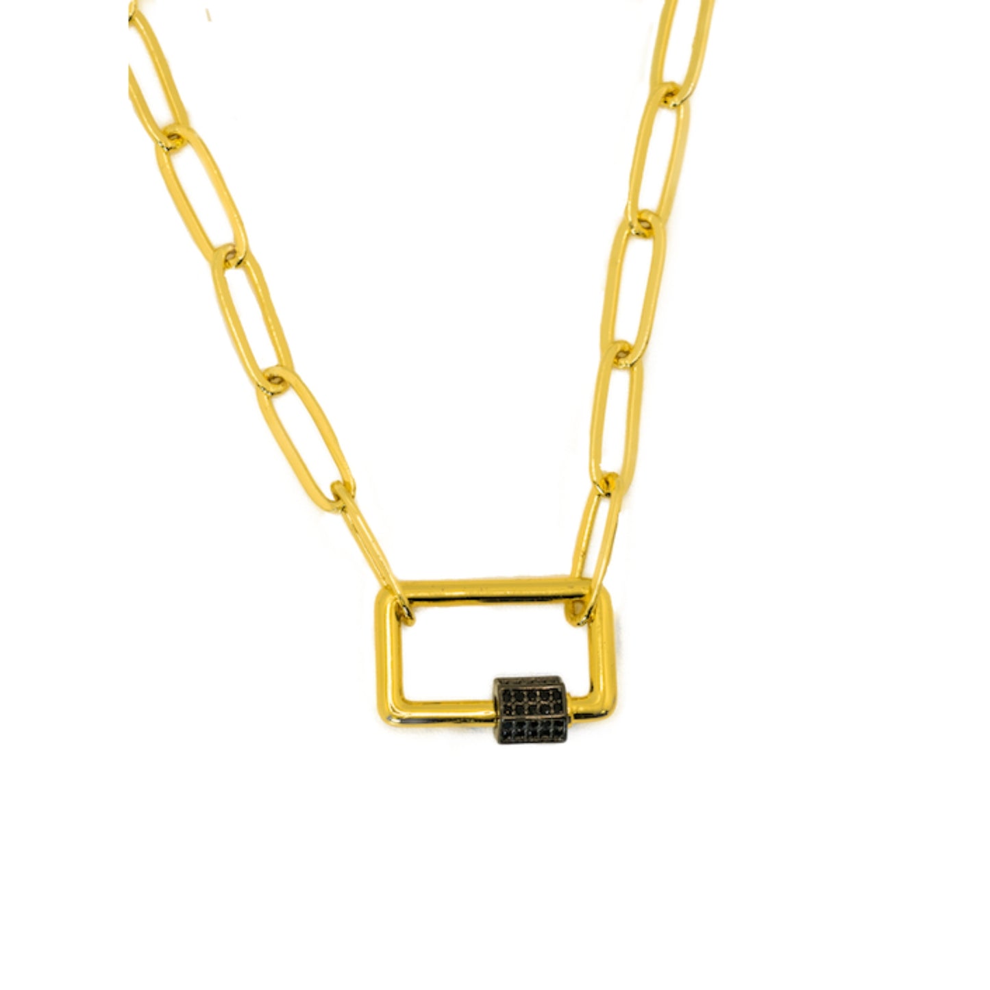 Gold Paperclip Chain Link Necklace - Square with Black Rhinestone