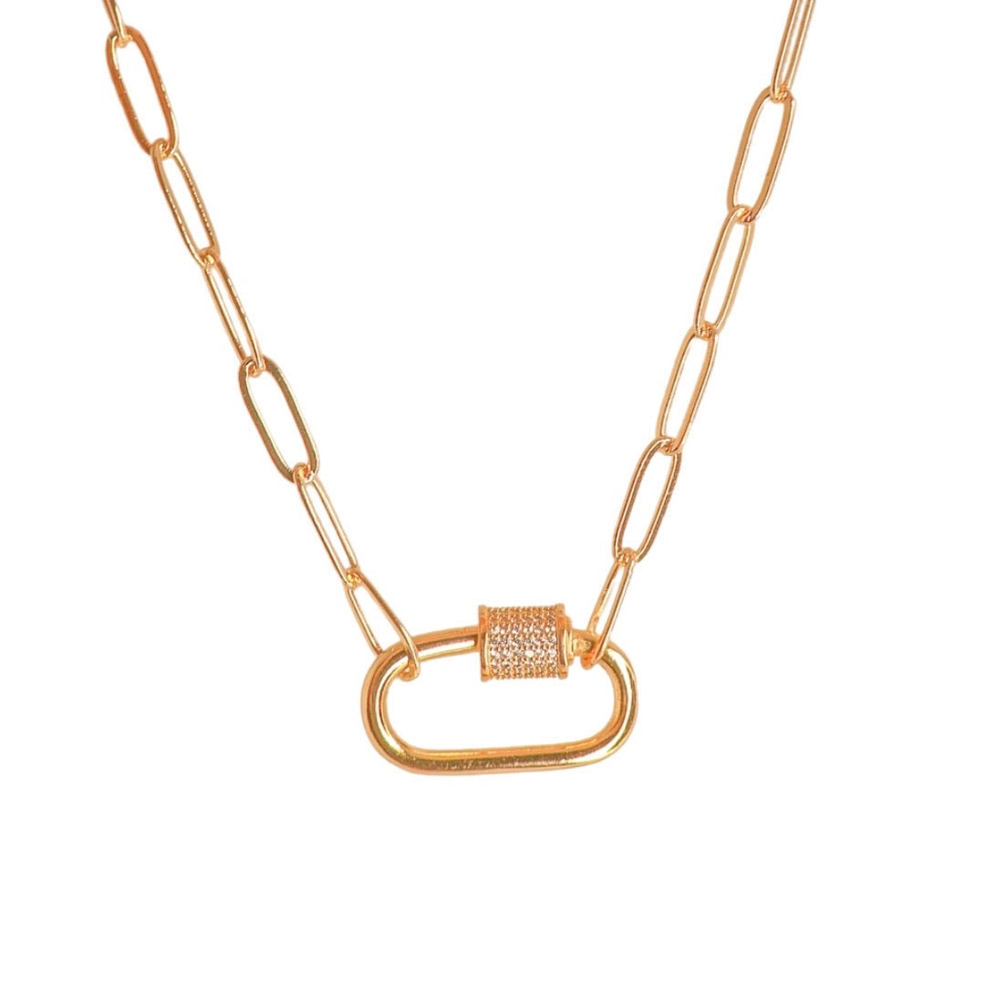 Gold Paperclip Chain Link Necklace - Carabiner with Rhinestones