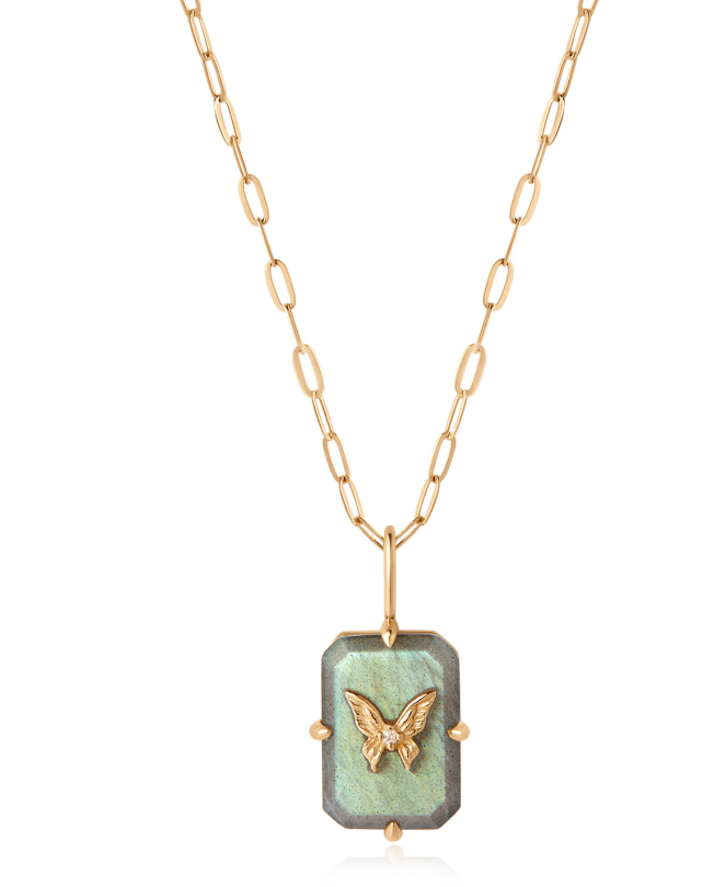 Natural Green Store with Butterfly in 14K Gold Dainty Necklace