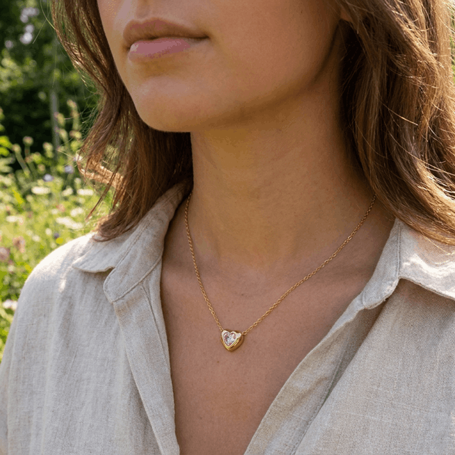 The Pink Stone in Gold Heart Necklace