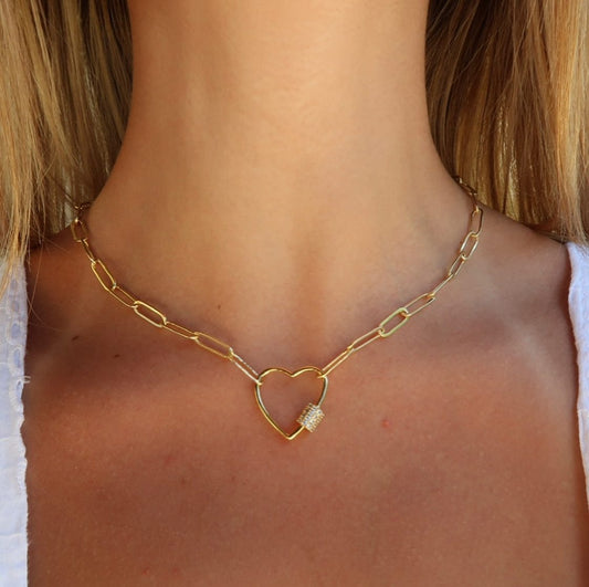 Gold Paperclip Chain Link Necklace - Heart