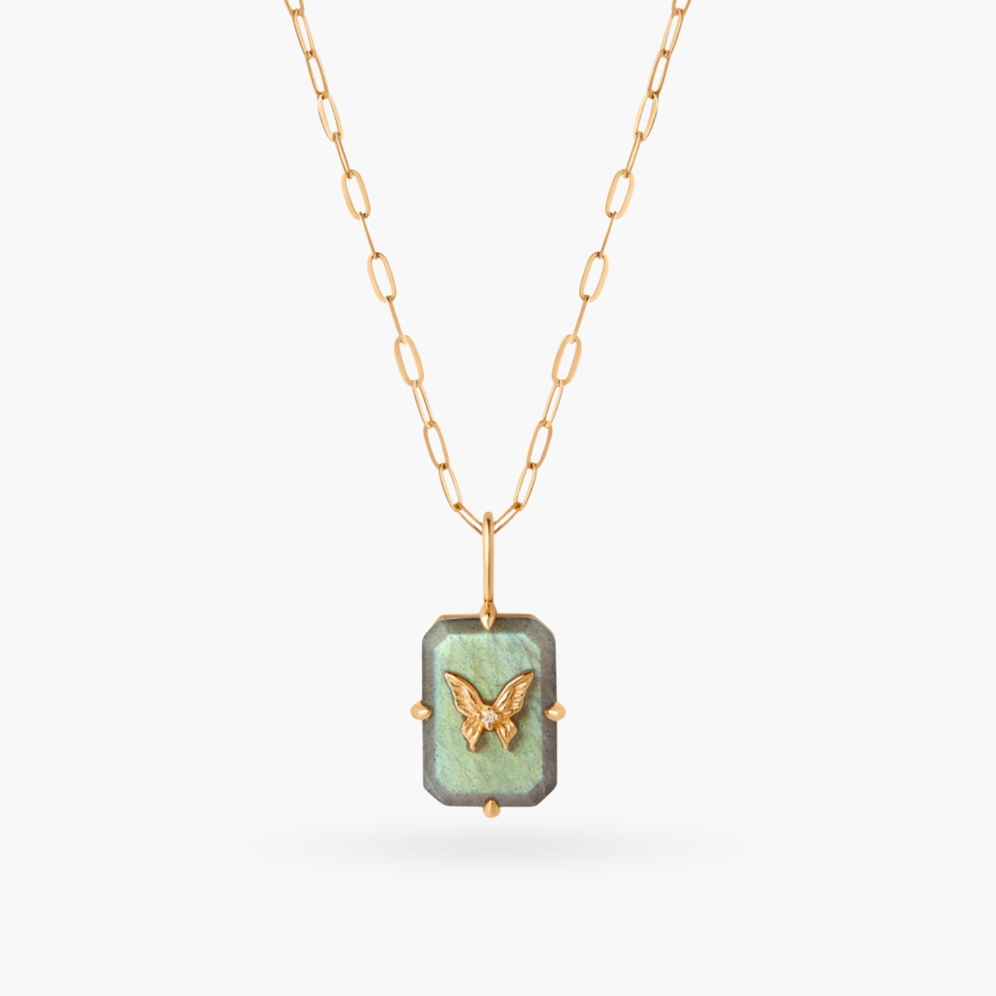 14K Gold Natural Green Store with Butterfly Dainty Necklace