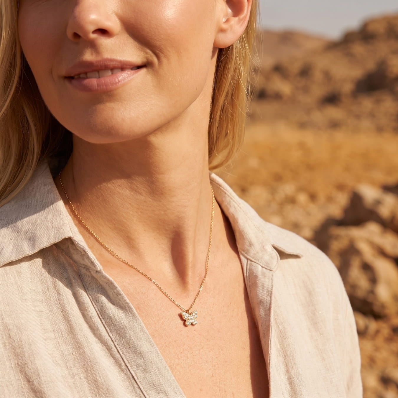 14K Gold Diamond Butterfly Dainty Necklace