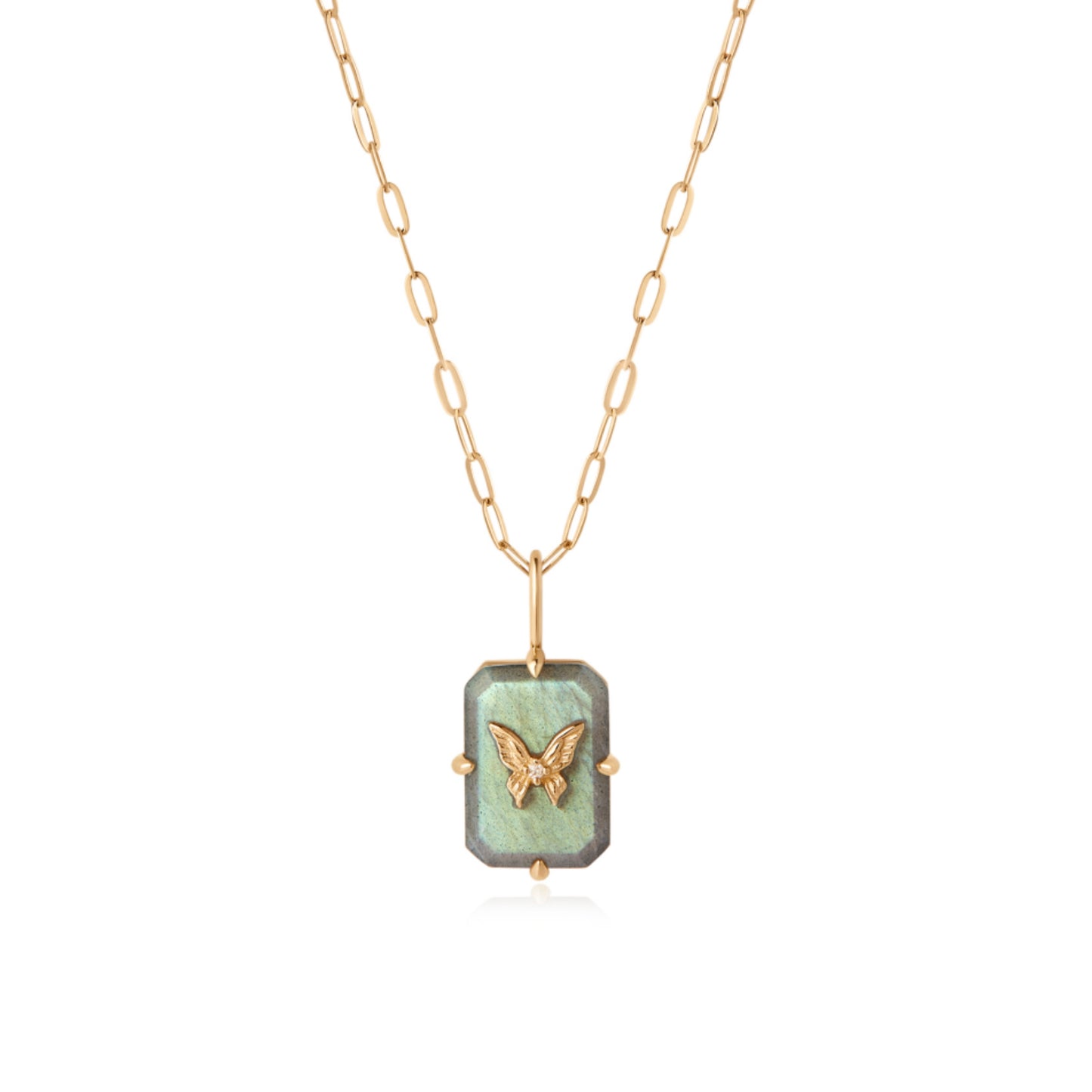 14K Gold Natural Green Store with Butterfly Dainty Necklace