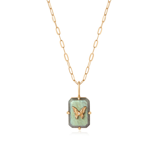14K Gold Natural Green Store with Butterfly Dainty Necklace