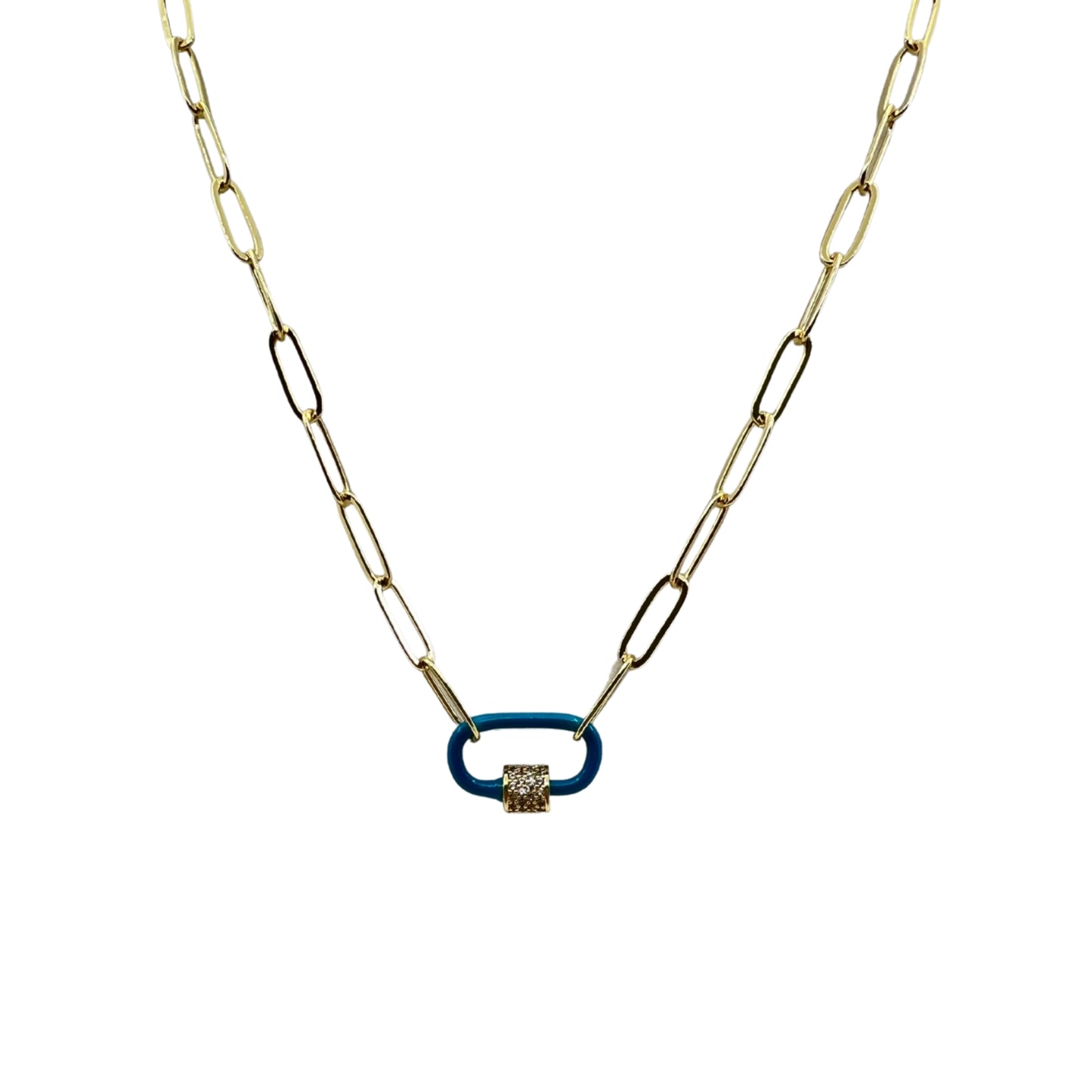 Gold Paperclip Chain Link Necklace - Blue Carabiner