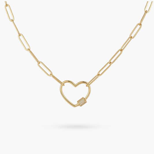 Gold Paperclip Chain Link Necklace - Heart