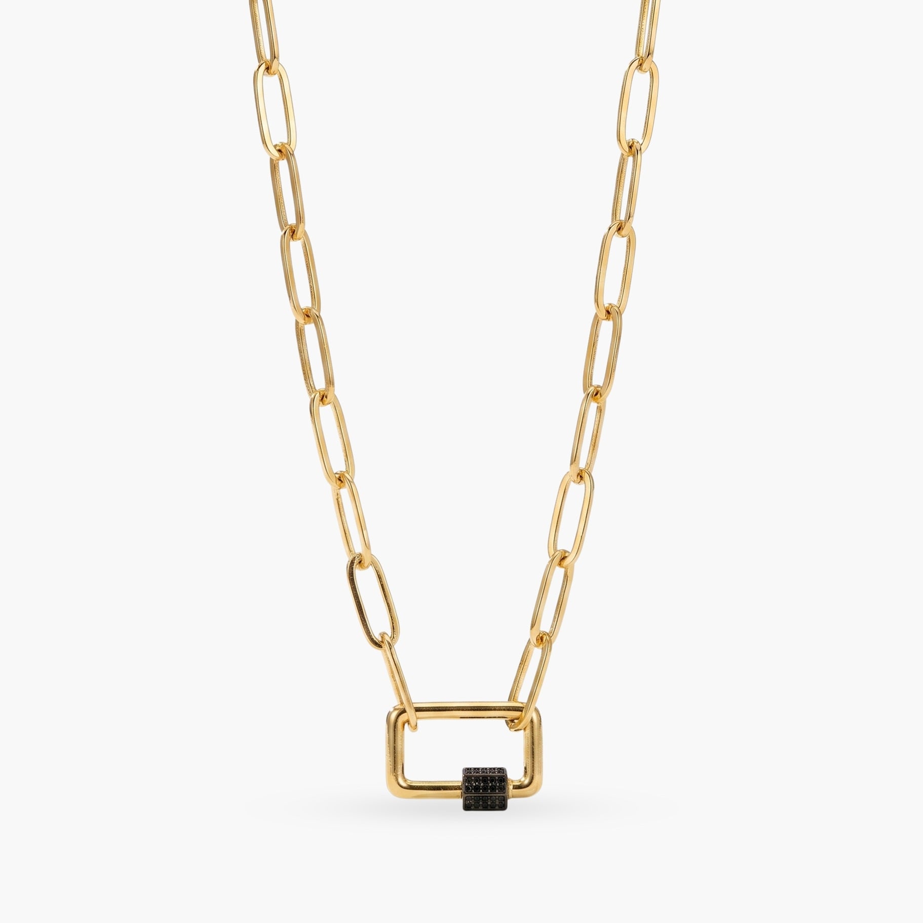 Gold Paperclip Chain Link Necklace - Square with Black Rhinestone