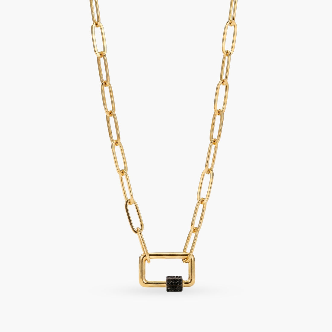 Gold Paperclip Chain Link Necklace - Square with Black Rhinestone