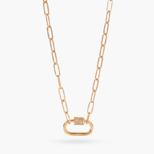 Gold Paperclip Chain Link Necklace - Carabiner with Rhinestones