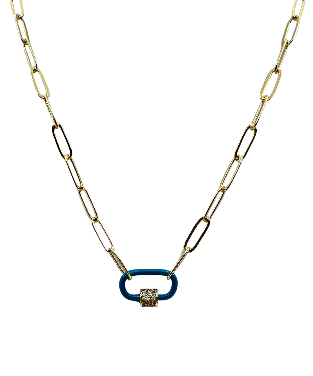 Gold Paperclip Chain Link Necklace - Blue Carabiner