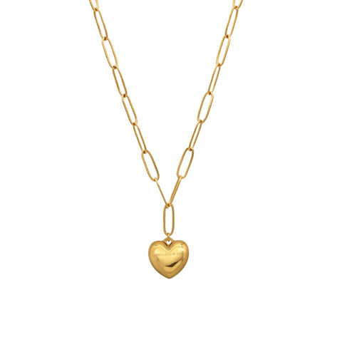 Gold Paperclip Chain Link Necklace - Bubbly Heart