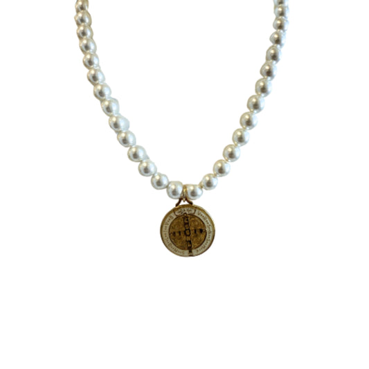 Coco Pearls with St Benedict Medallion