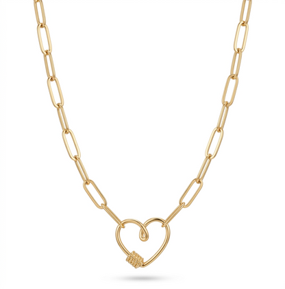 Gold Paperclip Chain Link Necklace - Heart