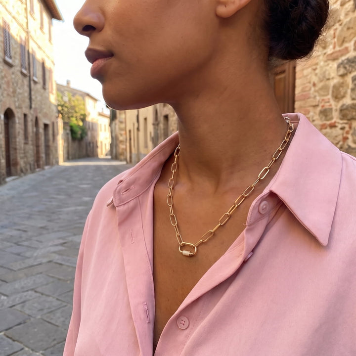 Gold Paperclip Chain Link Necklace - Carabiner with Rhinestones