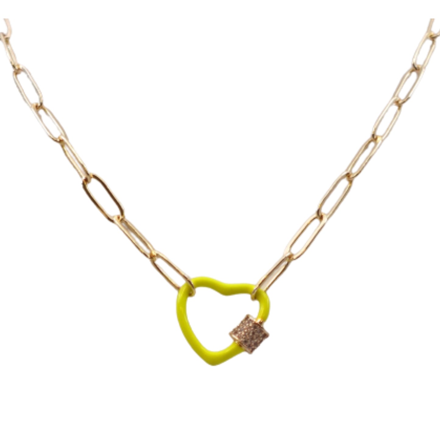 Gold Paperclip Chain Link Necklace - Neon Hearts