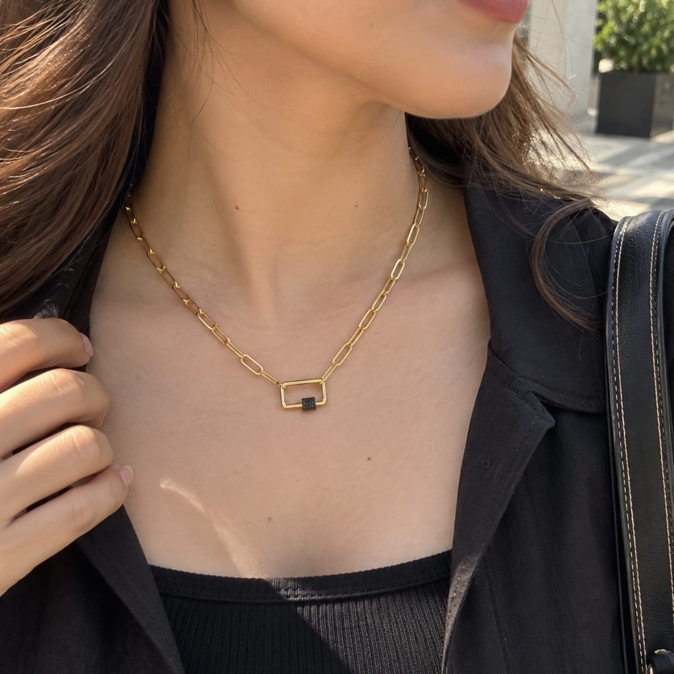 Gold Paperclip Chain Link Necklace - Square with Black Rhinestone