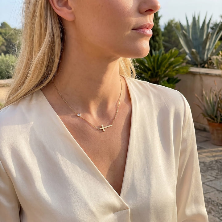 Horizontal Cross with Bezel Rhinestone Necklace