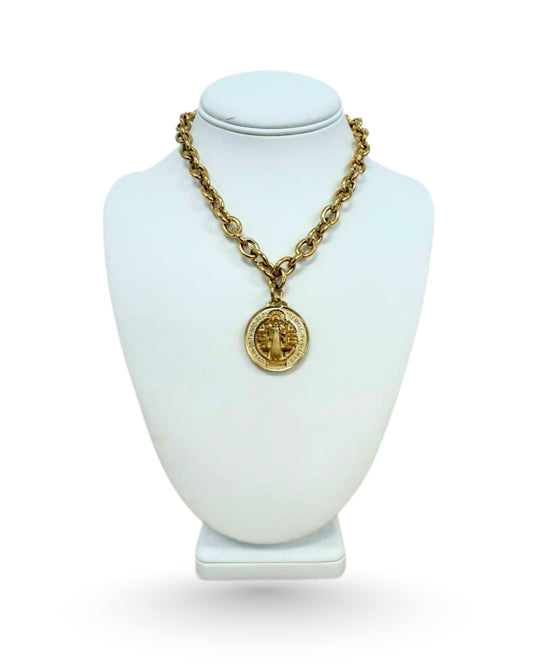 Gold Round Thick Chain with St. Benedict Pendant
