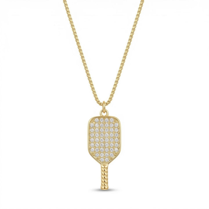 The PickleBall Paddle Rhinestone Gold Necklace