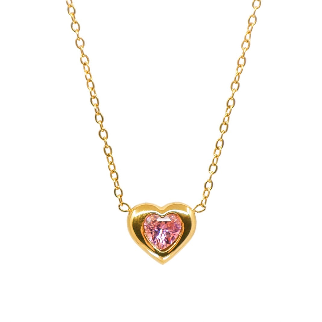 The Pink Stone in Gold Heart Necklace