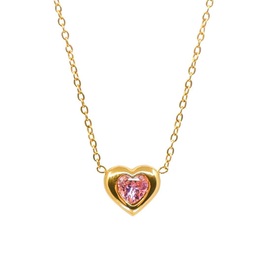 The Pink Stone in Gold Heart Necklace