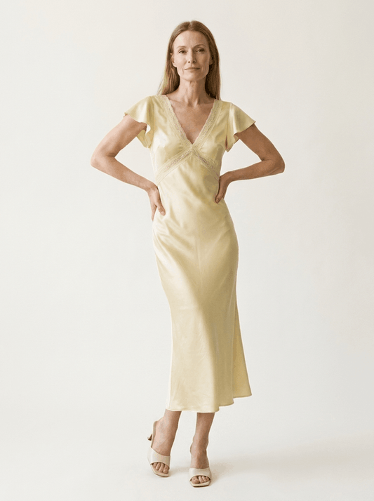 Satin Lace Flounce Sleeve Midi Dress