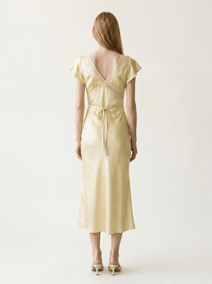 Satin Lace Flounce Sleeve Midi Dress