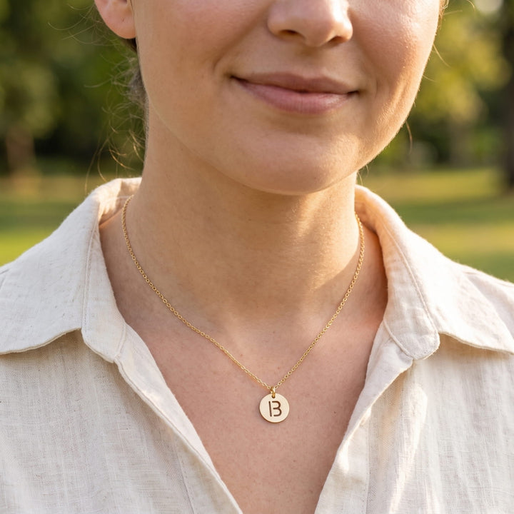 Stamped Circle Alphabet Letter Gold Necklace
