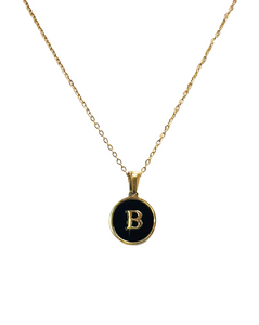 Black Alphabet Letter Necklace - Round Mother of Pearl
