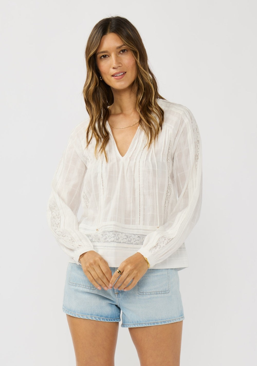 White Boho Lace-Up Blouse