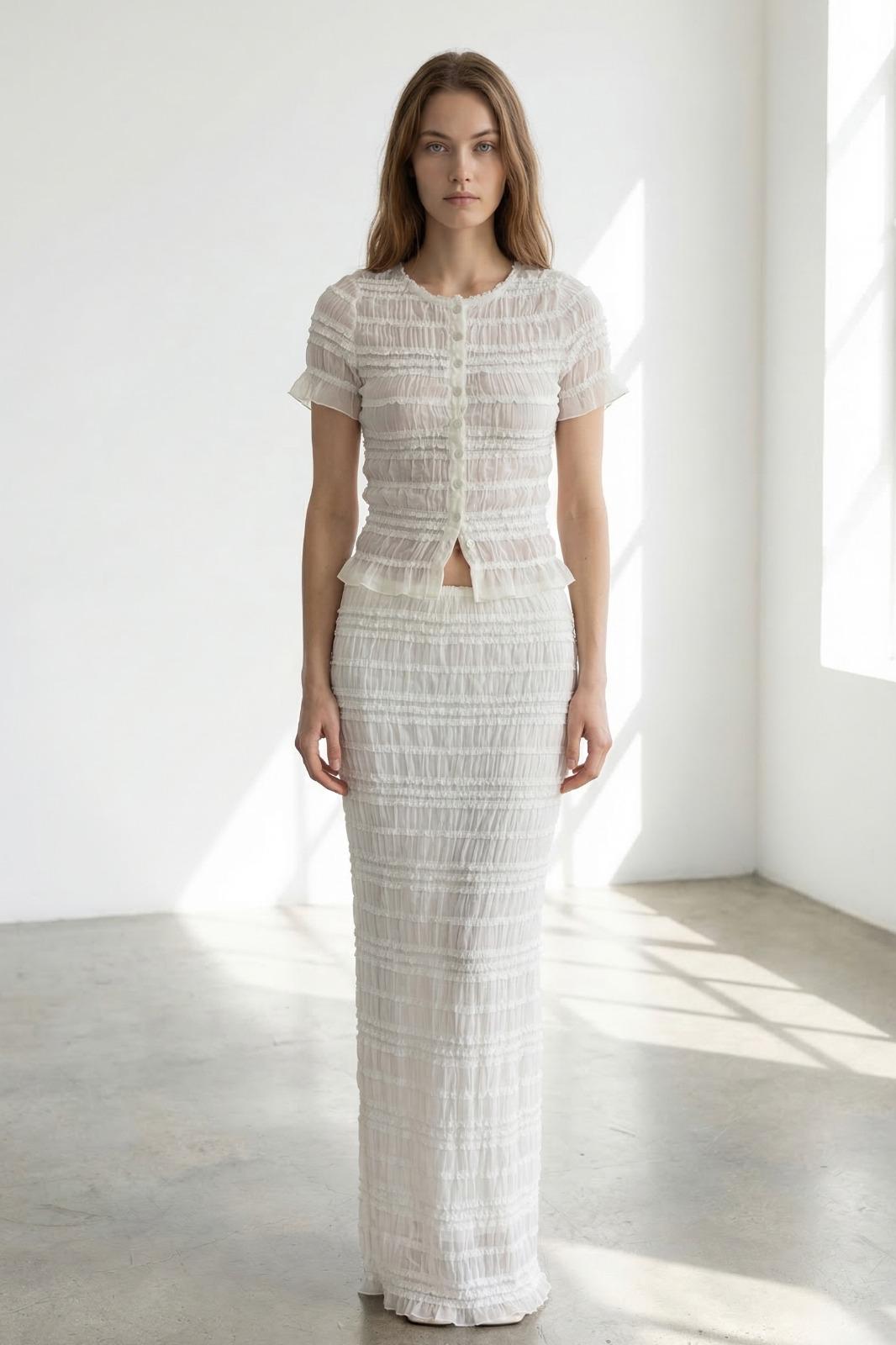 Crinkle Shirred Top & Midi Skirt Set