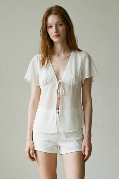 Chiffon Flowy Short Sleeves Blouse