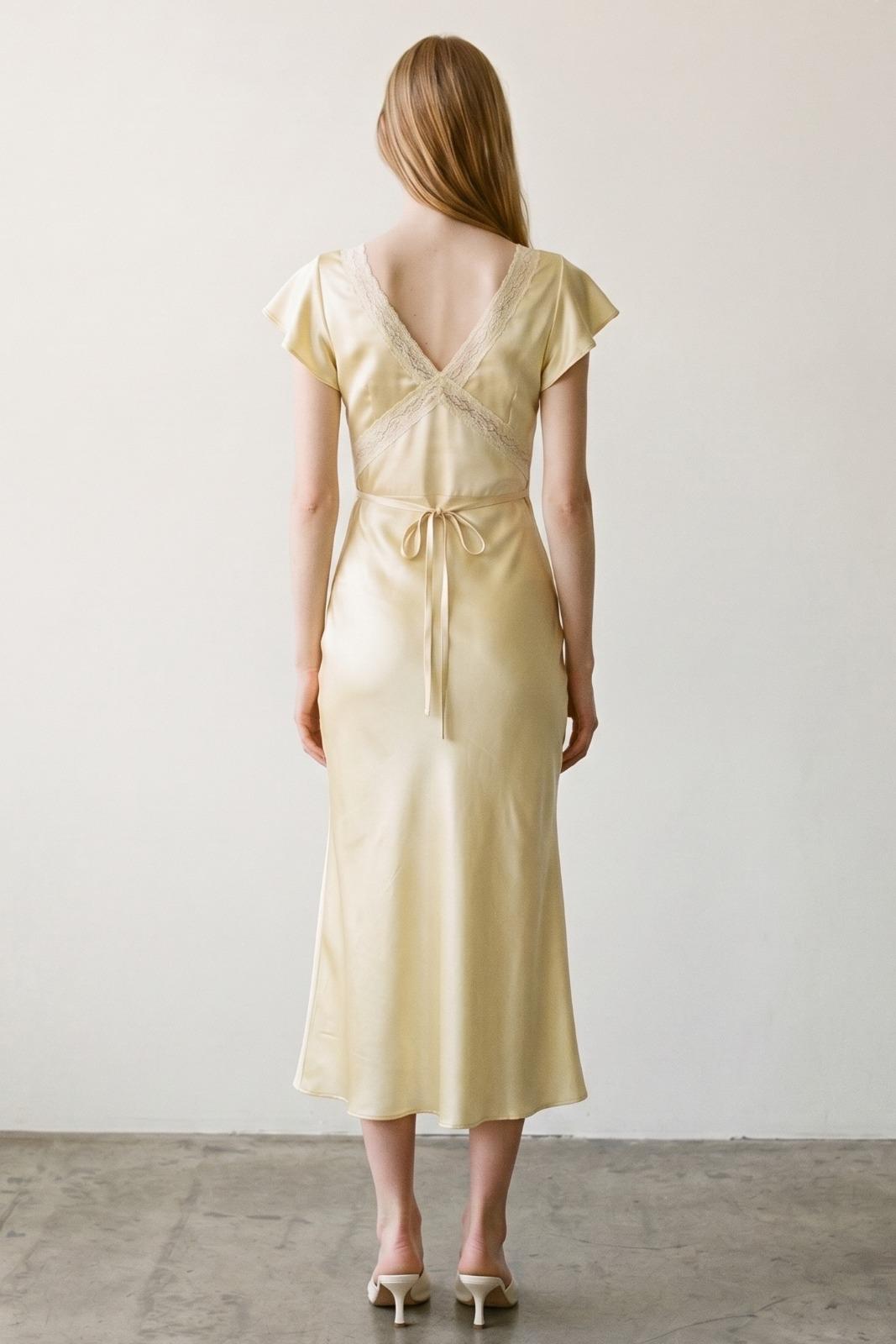 Satin Lace Flounce Sleeve Midi Dress