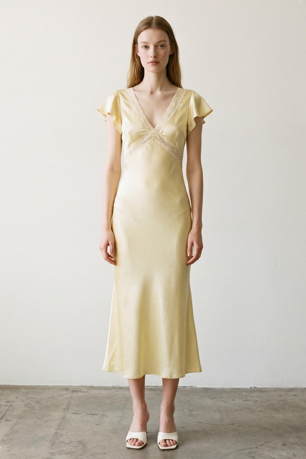 Satin Lace Flounce Sleeve Midi Dress