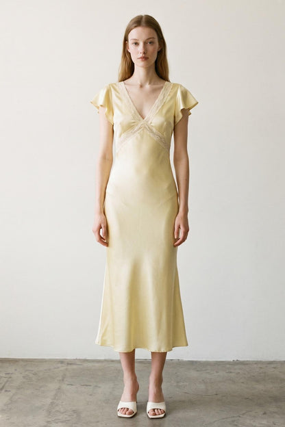 Satin Lace Flounce Sleeve Midi Dress