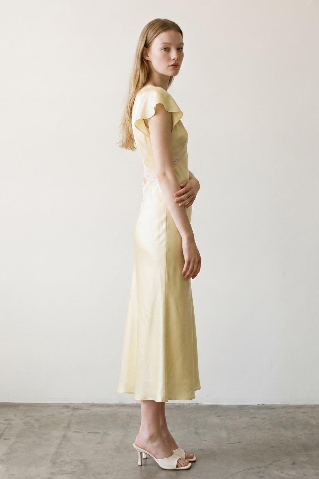 Satin Lace Flounce Sleeve Midi Dress