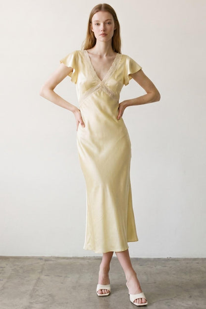 Satin Lace Flounce Sleeve Midi Dress