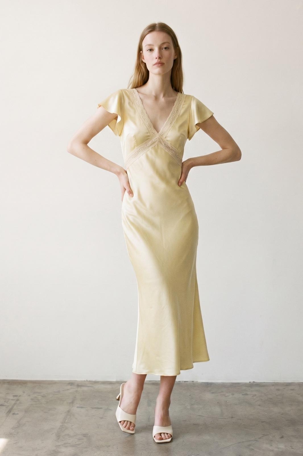 Satin Lace Flounce Sleeve Midi Dress
