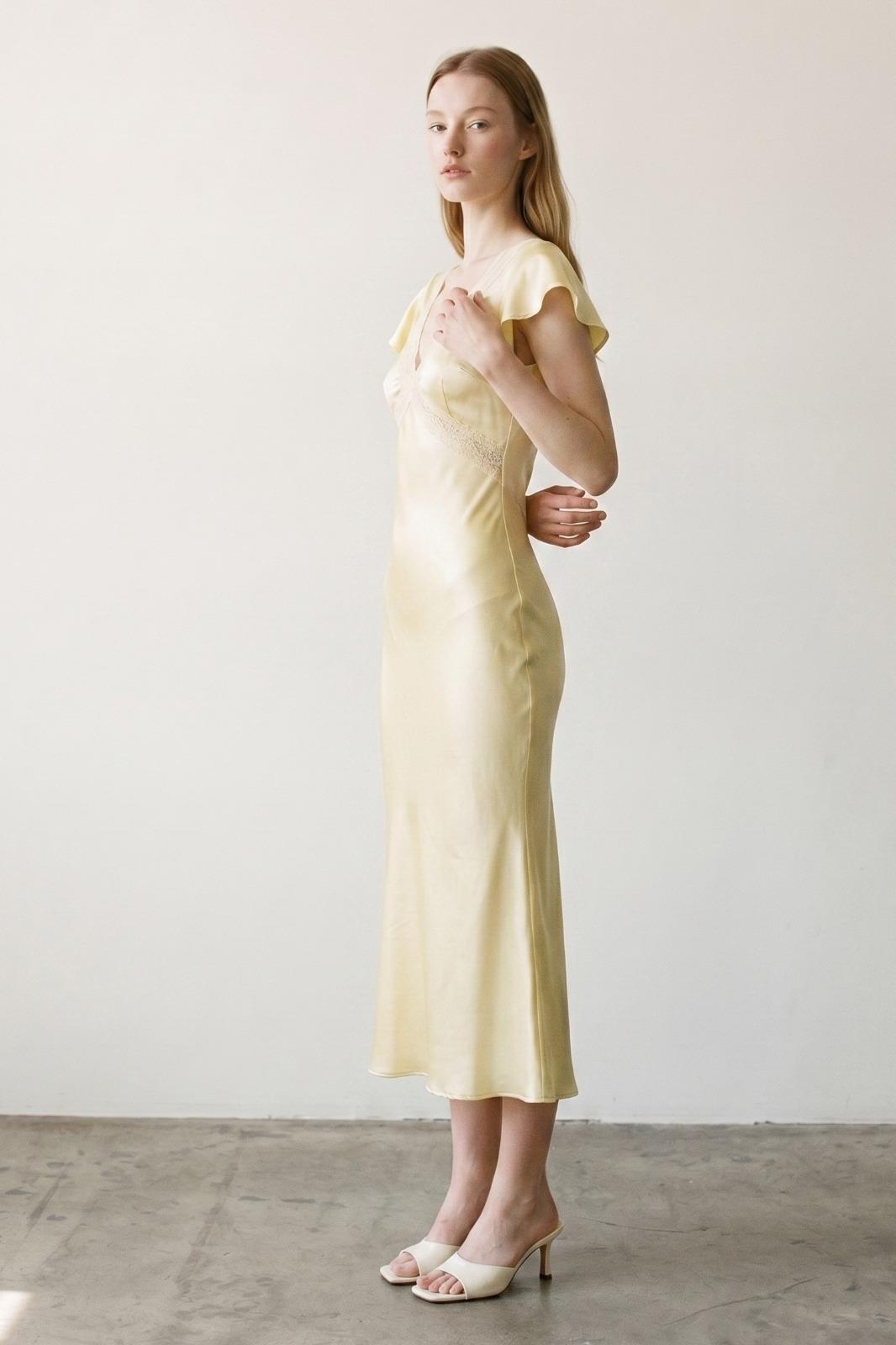 Satin Lace Flounce Sleeve Midi Dress