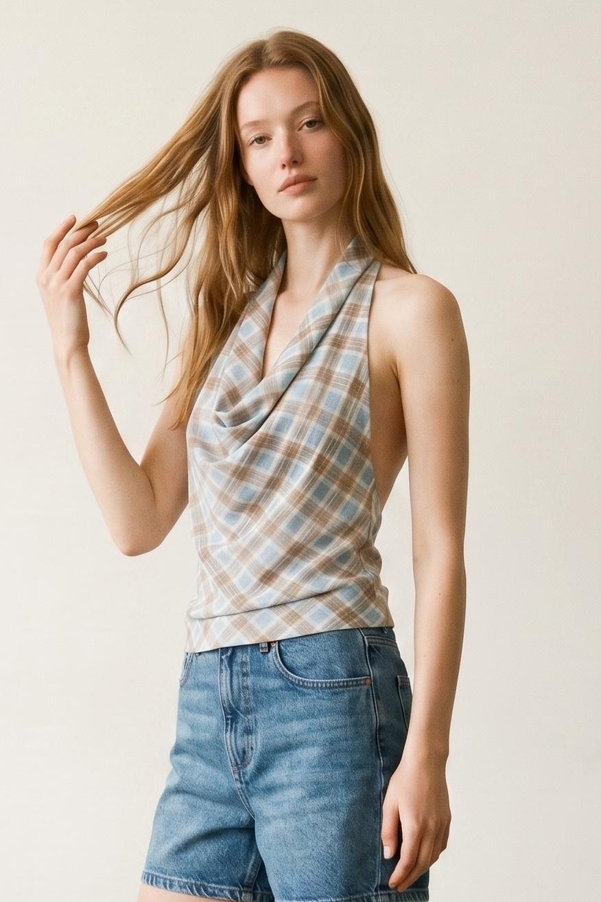 Check Print Chiffon Cowl Neck Top
