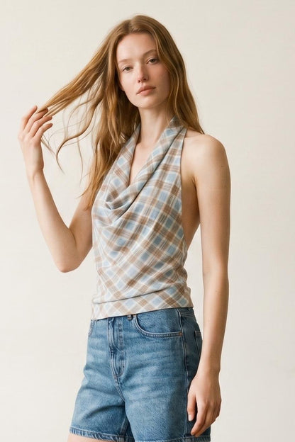 Check Print Chiffon Cowl Neck Top