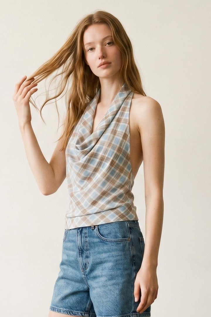 Check Print Chiffon Cowl Neck Top