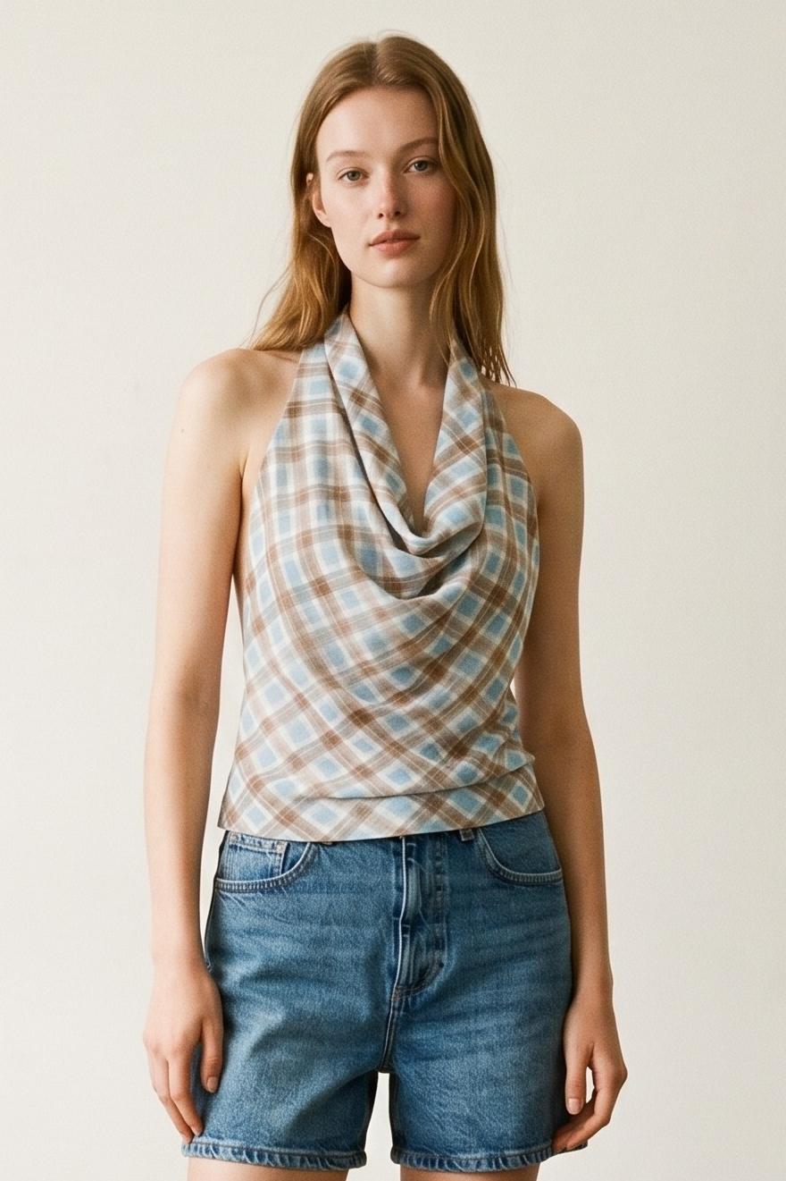 Check Print Chiffon Cowl Neck Top