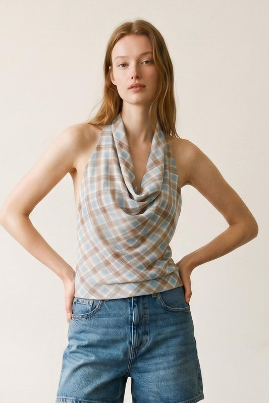 Check Print Chiffon Cowl Neck Top