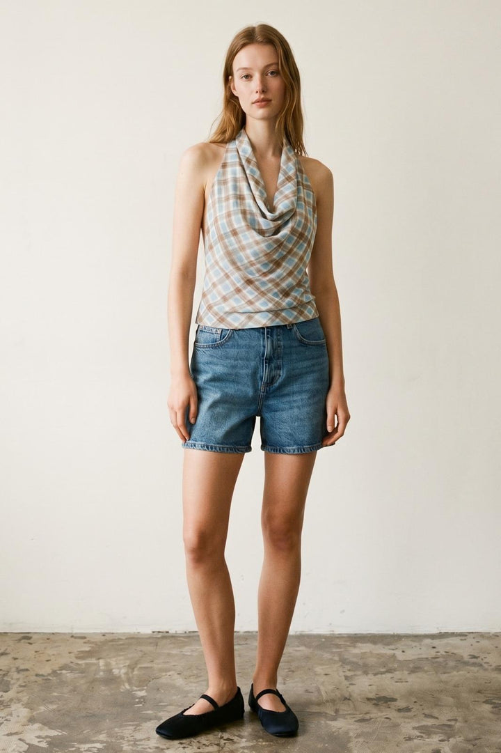 Check Print Chiffon Cowl Neck Top