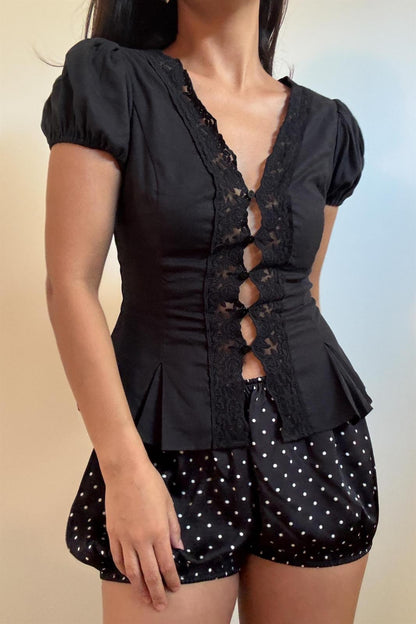 Lace Trim Puff Sleeves Blouse