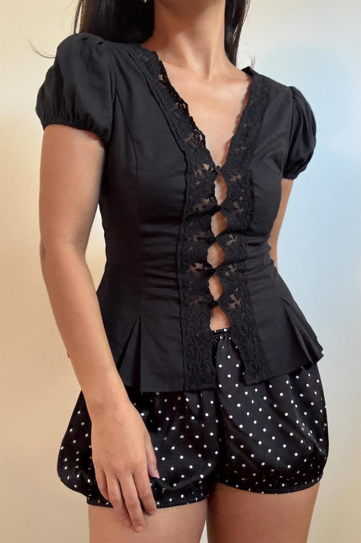 Lace Trim Puff Sleeves Blouse