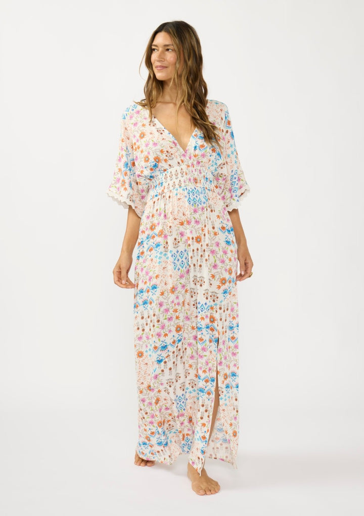 Cream Boho Floral Smocked Waist Dress
