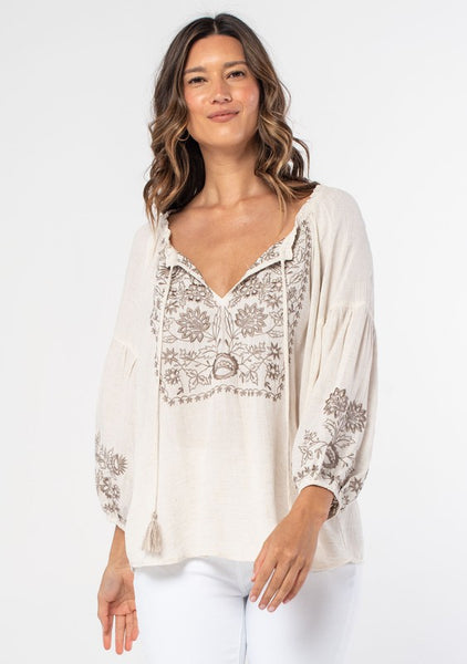 Bohemian Embroidered Tie Front Peasant Blouse